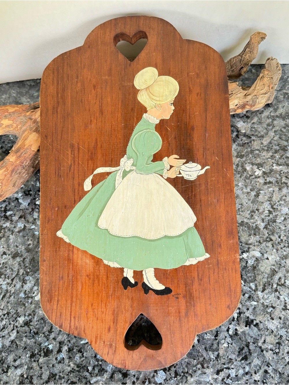 VTG Hand-Painted “Refreshment Lady” Wall Hanging Plaque, Wood, Heart Cut-Outs